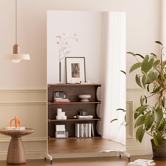 brisafe Home Gym Mirror 360° Swivel on Wheels, 75" X 43" Extra Large Nano Film Super Lightweight Unbreakable Full Length Mirror for Yoga Room, Dance Studio（ White）