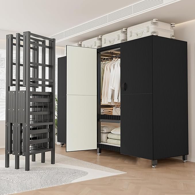 FPIGSHS Heavy Duty Clothes Rack with Magnetic Door 2000LBS Foldable Portable Wardrobe Closet for Hanging Clothing Rolling Garment Rack on Wheels for Bedroom Closet System (A（Black Door）, 33.4in)