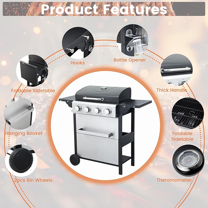 4-Burner Propane Gas BBQ Grill, 34200BTU Stainless Steel Barbecue Grill With Wire Enamel Cooking Grids, Foldable Side Table for Outdoor Camping (Style11: 4 Burner)