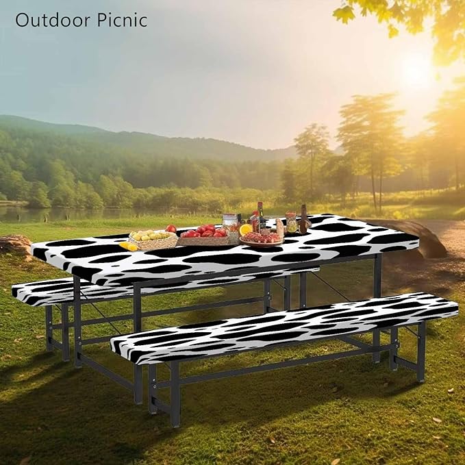 CAPSCEOLL Fitted Picnic Table Cover with Bench Covers with Elastic 8Ft Waterproof Camping Picnic Table Cover Cloths for Outdoors Camping Tablecloth with Drawstring Bag, 96X30in, Black White