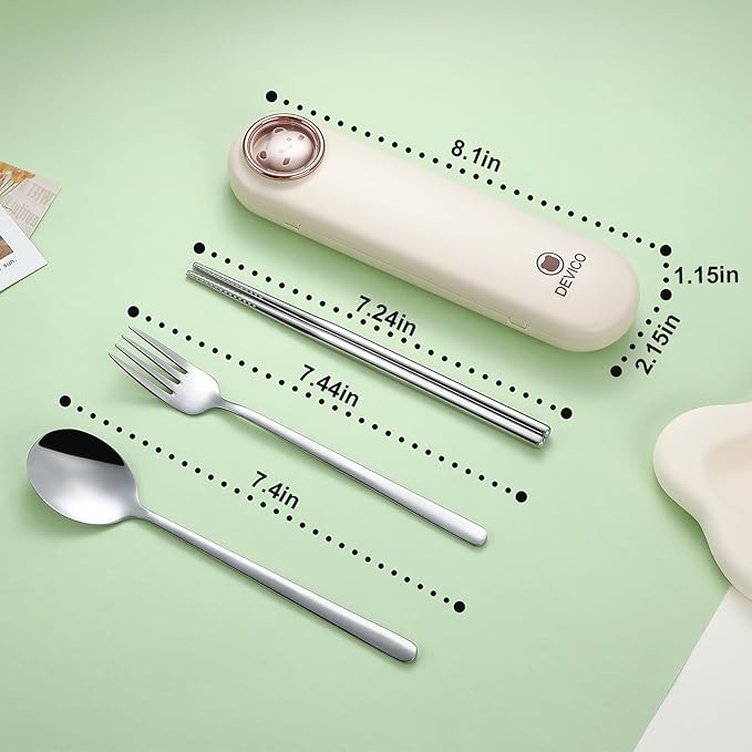 DEVICO Travel Utensils with Case Cute, Reusable Silverware for Lunch, Portable Cutlery Set, 18/8 Stainless Steel Fork Spoon Chopsticks in Cartoon Case, Dishwasher Safe (Light Yellow)
