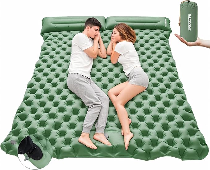 Camping Double Sleeping Pad,Ultralight Self Inflating Sleeping Mat for 2 Person with Pillow Built-in Foot Pump,Portable Camping Air Mat for Backpacking, Hiking, Traveling, Tent(Green)