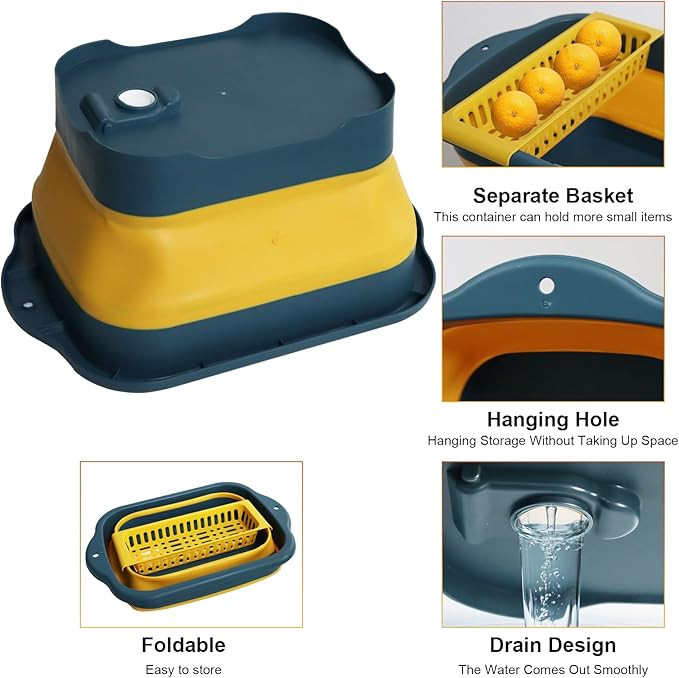 2.77 Gallon (10.5L) Collapsible Dish Basin with Drain Plug, Yellow Camping Dish Basin for RV, Space-Saving Foldable Wash Tub, BPA-Free Portable Sink for Vegetables and Dishes- with Brush