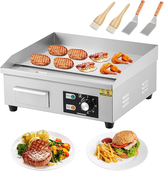GarveeHome 18 In Commercial Electric Griddle,110V 1600W Electric Restaurant Teppanyaki Flat Top Grill With Shovels & Brushes, Non-Stick Countertop Griddle, Adjustable Temperature Control 122°F-572°F
