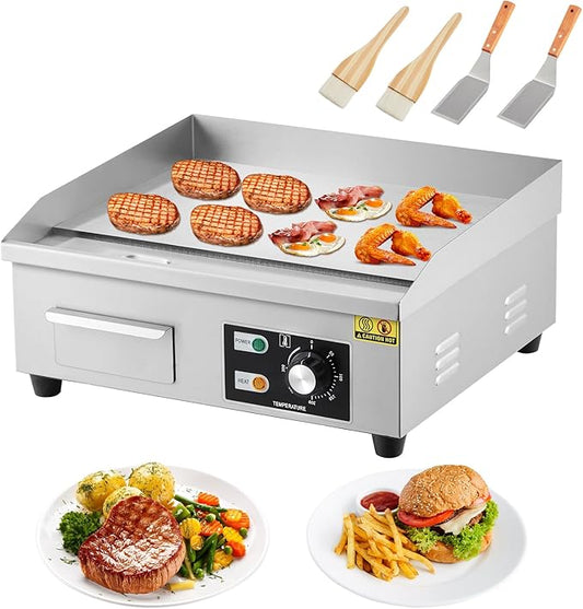 GarveeHome 18 In Commercial Electric Griddle,110V 1600W Electric Restaurant Teppanyaki Flat Top Grill With Shovels & Brushes, Non-Stick Countertop Griddle, Adjustable Temperature Control 122°F-572°F