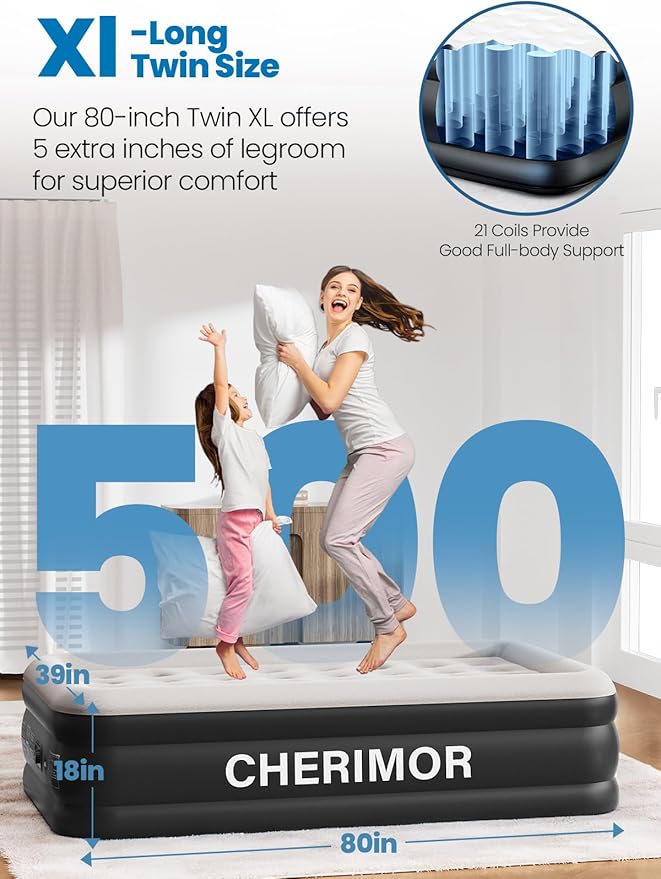Twin XL Air Mattress with Built-in Pump, 18" Raised Comfort, 80“ Length, 48Hr Leak-Proof Test, Upgraded Honeycomb Pillar Design, Supports 500 lbs, 2-Min Inflation for Home, Guests & Camping