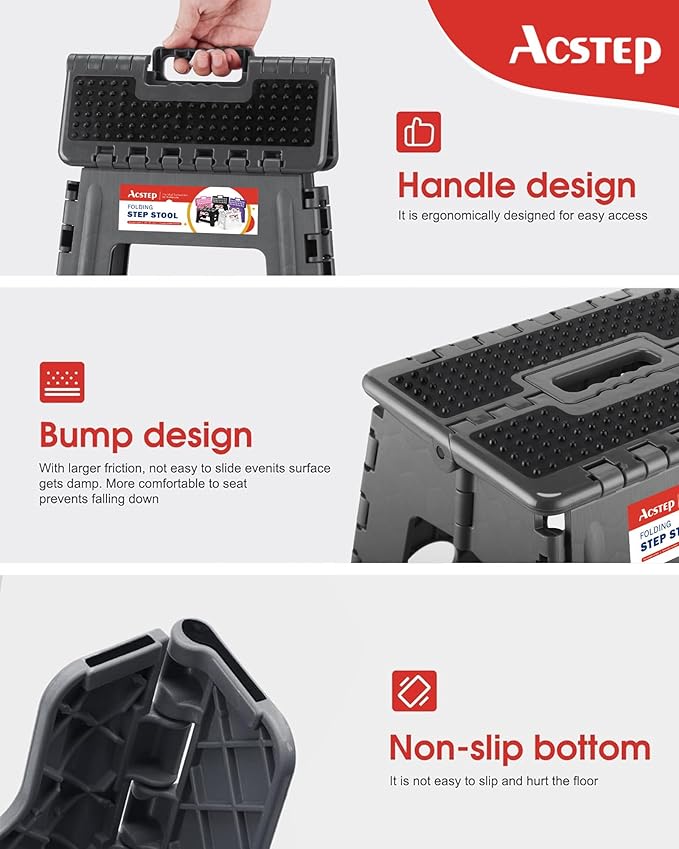 ACSTEP 13" Folding Step Stool- Holds up to 300Lb,The Lightweight Non-Slip Upgrade Collapsible Stepping Stool is Sturdy Enough to Support Adults and Safe Enough for Kids(Grey,1 Pack)