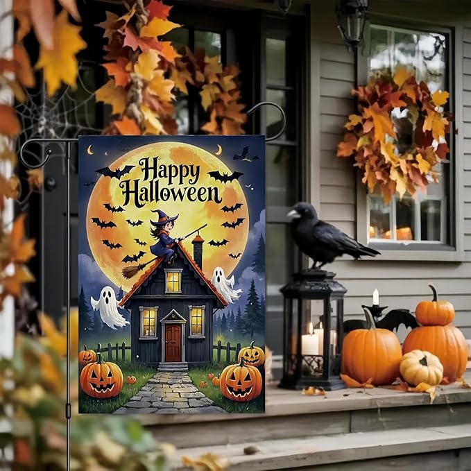 Happy Halloween Garden Flag 12X18Inch Double Side,Witch Yard flag for Outdoor,Pumpkin Small Garden Flag Decorative,Outside House Flag for Holiday Patio Courtyard Lawn