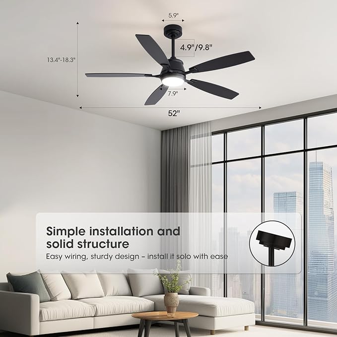 52" Ceiling Fan with Light, Modern Low Profile Ceiling Fan with Light, DC Reversible Motor, Smart APP & Remote Control, Whisper Quiet, Dimmable LED for Bedroom/Living Room