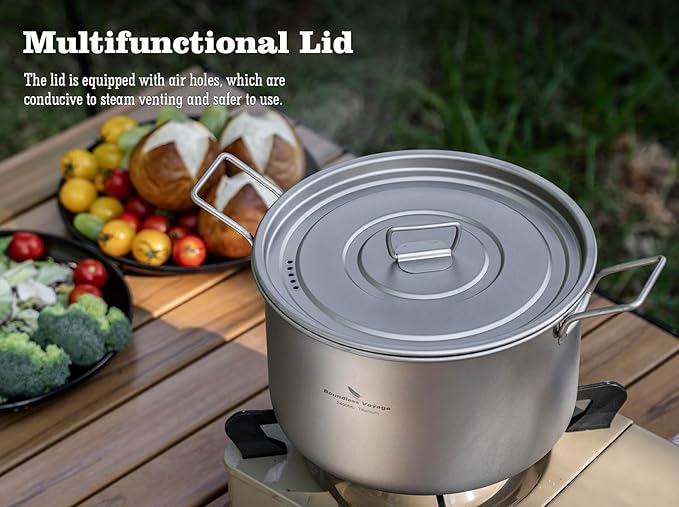 iBasingo 2.4L Titanium Soup Pot with Lid Camping Cookware with Foldable Handle Portable Lightweight Outdoor Kitchen Cooking Kit for Backpacking Hiking Picnic Fishing Mountaineering Ti2108C