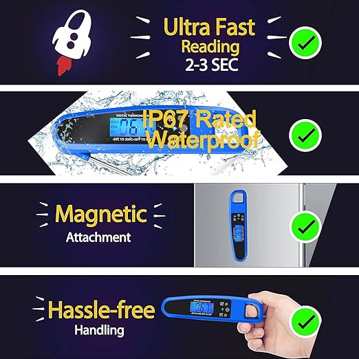 Instant Read Meat Thermometer for Kitchen Cooking, Ultra Fast Precise Waterproof Digital Food Thermometer with Backlight, Magnet and Foldable Probe for Deep Fry, Outdoor BBQ, Grill(Blue)
