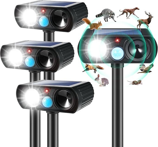 2025 4Pack Ultrasonic Animal Repellent Outdoor Solar Animal Repeller witht Motion Sensor&LED Strober Ligh Cat Deterrent Outdoor Deer Repellent Device to Scare Raccoon Squirrel Skunk Rabbit Fox Dog