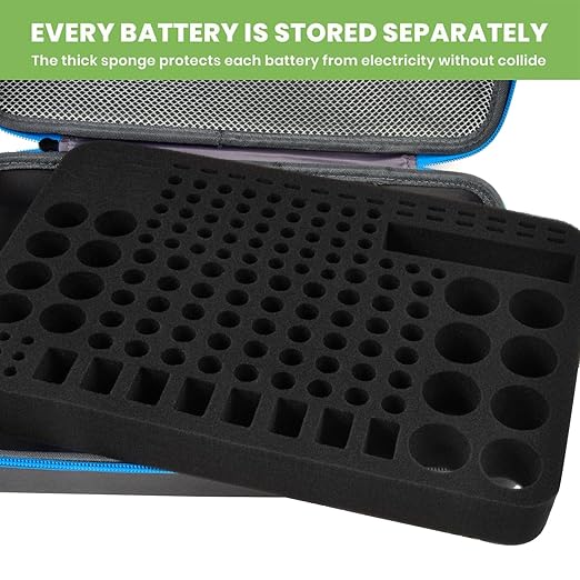 Battery Organizer Storage Holder Case Box with Tester Checker BT-168. Holds 225 Batteries AA AAA C D Cell 9V 3V Lithium (Blue)