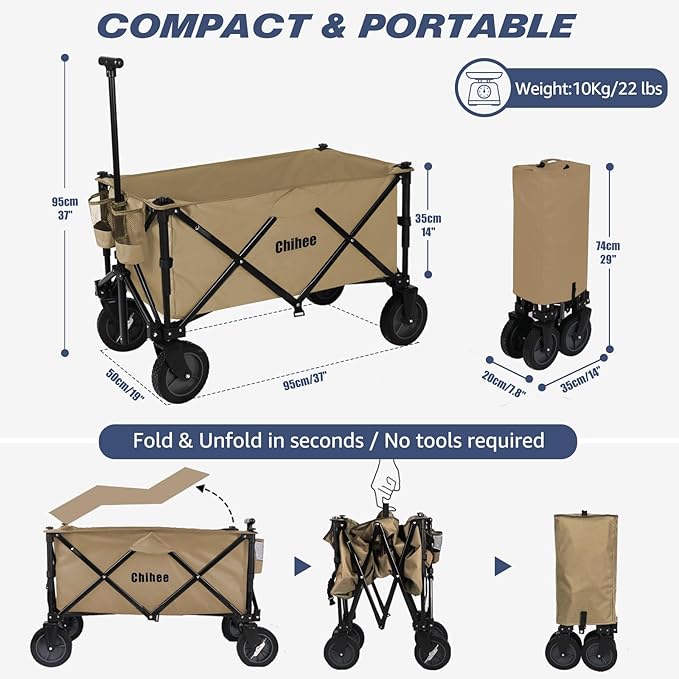 Chihee Folding Beach Wagon Cart Garden Cart Heavy-Duty with 2 Cup Holders,Camp Cart for Gimballed Wheels with Braking System Large Capacity Removable Fabric,for Sporting Events,Camping,Beach Trips