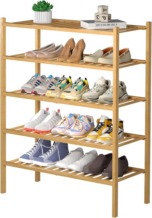 5 Tier Bamboo Shoe Rack for Closet Free Standing Wood Shoe Shelf for Entryway Small Space Stackable 27"x11"x33" (Natural)