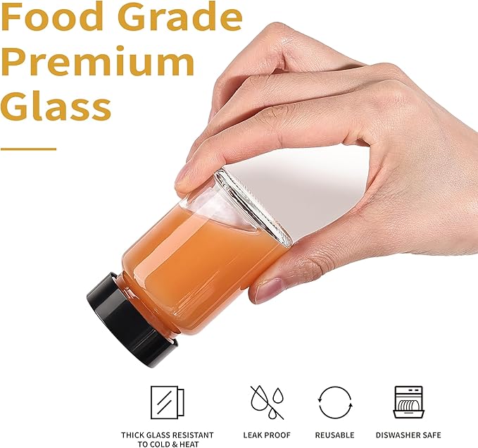 8 Pack 2 oz/60 ml Clear Glass Bottles with Black Caps & Labels, Small Glass Jar for Ginger, Wellness Shot, Juice, Sample, Leakproof Mini Travel Essential Bottles - Wide Mouth, Dishwasher Safe