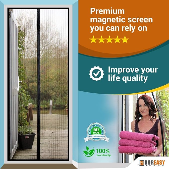 DOOREASY Magnetic Screen Full Frame Loop Sewn Full Sizes Instant Screen Door, Add-On Magnets and Weight Bars Net Screen Door(Fits Doors Up to 30"x82")