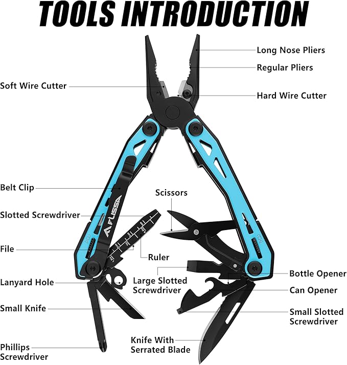 FLISSA 16-in-1 Multi Tool Pliers, Gift for Dad, Stainless Steel EDC Multitool with Pocket Knife, Belt Clip and Oxford Pouch, Self-locking Multipurpose Utility Multi-Tool for Camping Survival Outdoor