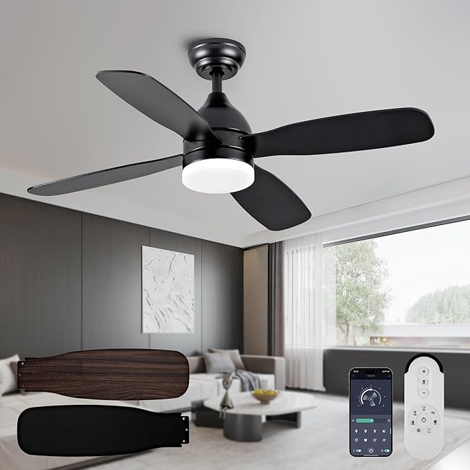 Ceiling Fans with Lights and Remote/APP Control, 42 inch Low Profile Ceiling Fan with Light, Flush Mount, 3CCT, Dimmable, Reversible, Quiet 6 Speeds Modern Black Ceiling Fan Light for Bedroom Kitchen