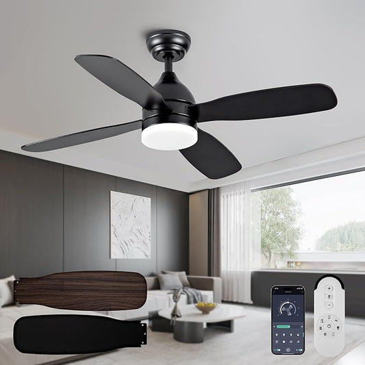Ceiling Fans with Lights and Remote/APP Control, 42 inch Low Profile Ceiling Fan with Light, Flush Mount, 3CCT, Dimmable, Reversible, Quiet 6 Speeds Modern Black Ceiling Fan Light for Bedroom Kitchen