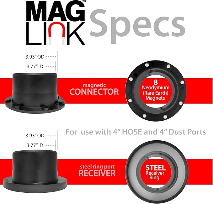 4" Magnetic Dust Collection Fittings Super Pack for Dust Collectors, Quickly Connect Hose to Machinery Ports