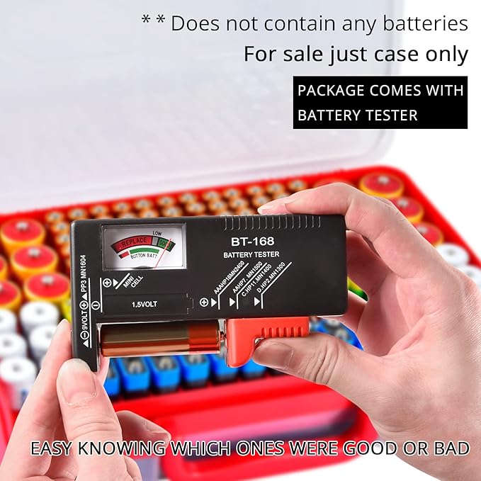Battery Organizer Storage Holder Box Case with Tester- 269 Batteries Double-Sided Variety Pack, Holds AA AAA 4A C D Cell 9V 3V Lithium LR44 CR2 CR123 CR1632 18650 Button- Red (Box Only)