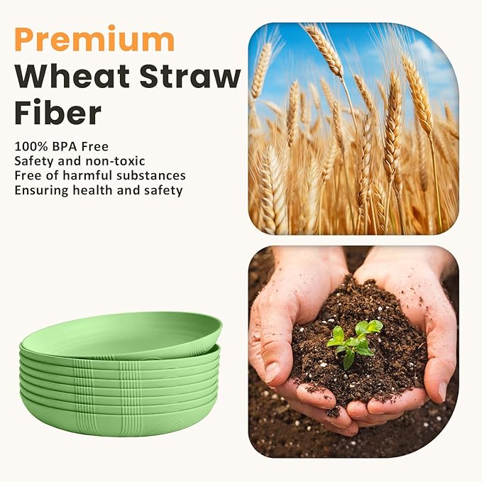 Homienly Wheat Straw Plates,Lightweight Unbreakable Dinner Plates Set 9 inch,Service for 8, Alternative to Plastic Plates Reusable,Microwave and Dishwasher Safe Plate Set for Salad,Dinner(Light Green)