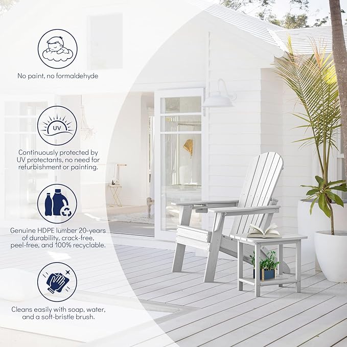 Folding Adirondack Chair, SGS Tested, Wooden Textured with Cup Holder, Heavy All-Weather HDPE Comfortable Set Poolside Backyard Lawn White