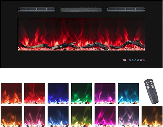 36" Electric Fireplaces Inserts, Recessed & Wall-Mounted Fireplace Heater with Thermostat, Multicolor Flames,Timer, Log & Crystal, 750/1500W