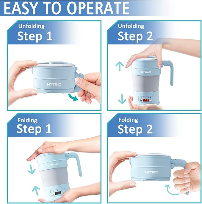 HYTRIC Travel Electric Kettle, 700ML Foldable Small Electric Kettle BPA-Free, Portable Kettle with Multifunctional Panel, Collapsible Hot Water Kettle with Keep Warm & Delay Start, 110V Blue