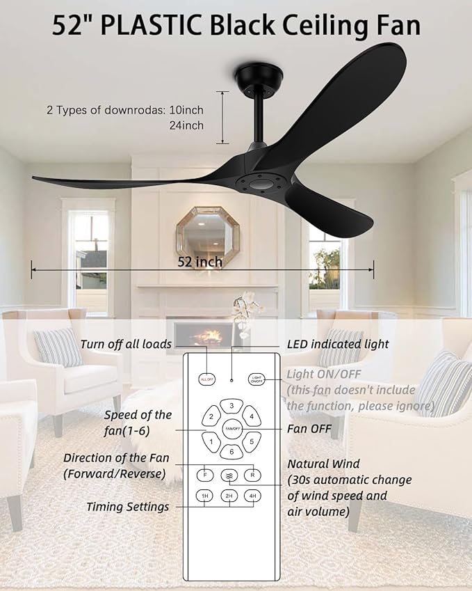 Black Ceiling Fan No Light, 52 in Outdoor Ceiling Fan with Remote, Indoor Ceiling Fans without lights 3 Blades, 6 Speed Reversible DC Motor Modern for Patios, Kitchen, Bedroom, Porch (Black)