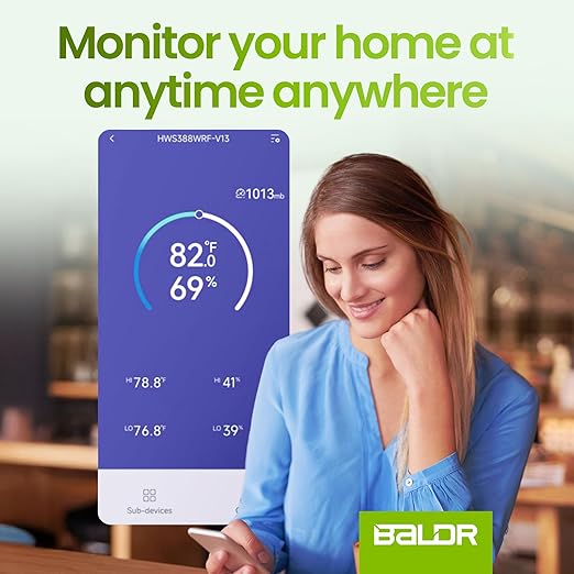 BALDR WiFi Weather Station with App, Wireless Indoor Outdoor Thermometer with Humidity Monitor, Online Real-time Forecast, Smart Home Weather Stations, One Temperature Sensor Included, White