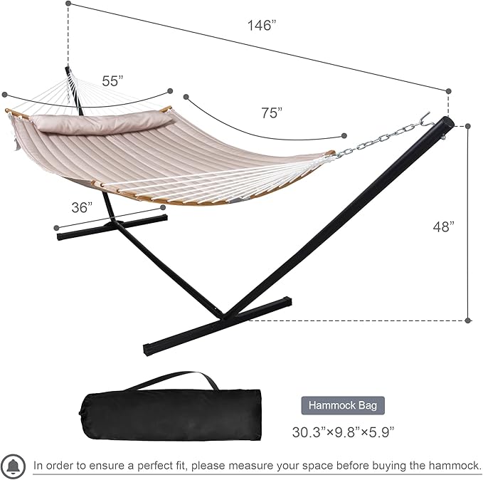 Double Hammock with 12 FT Stand, 2 Person Curved Bar Hammock with Stand, Pillow and Portable Carrying Bag, Heavy Duty 450lbs Capacity, Tan