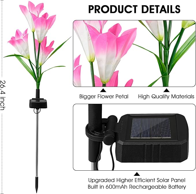 4 Pack Solar Garden Lights Outdoor, 7 Color Changing LED Powered Waterproof Lily Flowers Landscape Lights for Outside Yard, Patio, Pathway Decorative, Décor, Gifts
