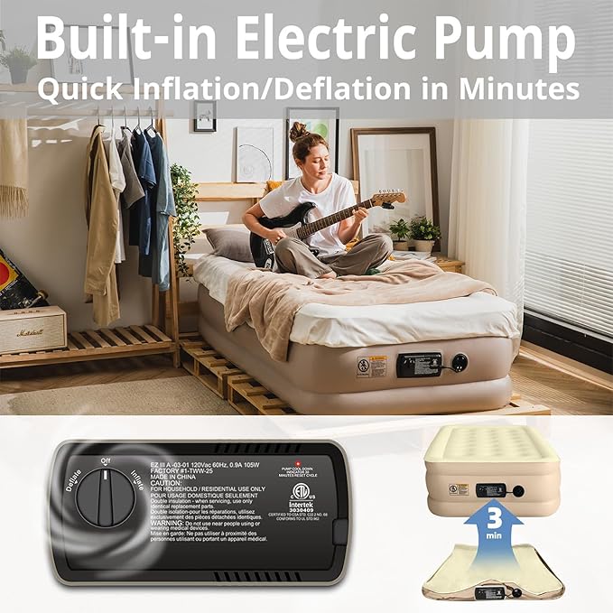 Simpli Comfy 18" Raised Twin Inflatable Air Mattress with Built-in AC Pump, Fast Self-Inflating Blow Up Air Bed with Waterproof Top for Home, Travel, Camping 75” x 40” x 18"