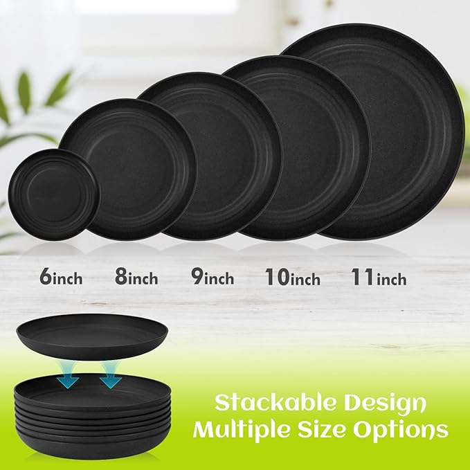 Homienly Wheat Straw Plates Set - 11 inch Reusable Large Dinner Plates Set of 8, Lightweight Unbreakable Salad Plates, Microwave and Dishwasher Safe Plates, Deep Plates for Dinner, Camping - Black