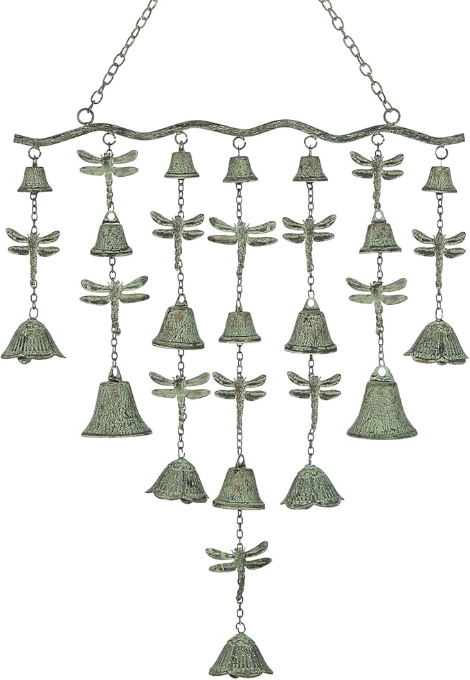 Dragonfly Wind Chimes for Outside, Large Strung Verdigris Windchimes with Wrought Iron Bell for Garden, Patio, Porch Outdoor Decor, Memorial Sympathy
