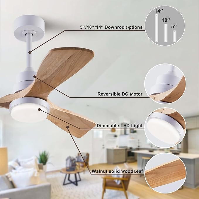36" Ceiling Fans [with Lighting Remote Control], Indoor Outdoor Modern Wooden Ceiling Fan [with 3 Solid Wood Blades] for Kids' Rooms, bedrooms, Offices and More.…