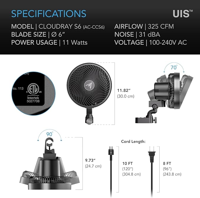 AC Infinity CLOUDRAY S6, Grow Tent Clip Fan 6” with Redesigned Long-Life EC Motor, Custom 10 Dynamic Wind Speeds and 10-Level Oscillation, Weatherproof IP-54, for Hydroponics Circulation Cooling