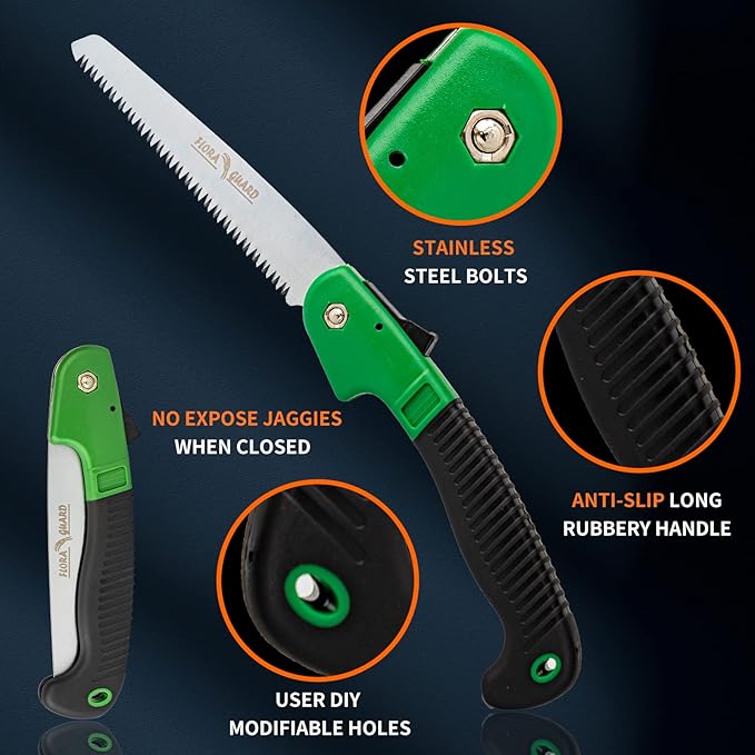 FLORA GUARD 7.7-Inch Folding Hand Saw, Pruning Saw with Trible-Cut Razor Teeth for Wood Cutting, Tree Trimming, Professional Camping Gardening Tools (Green)