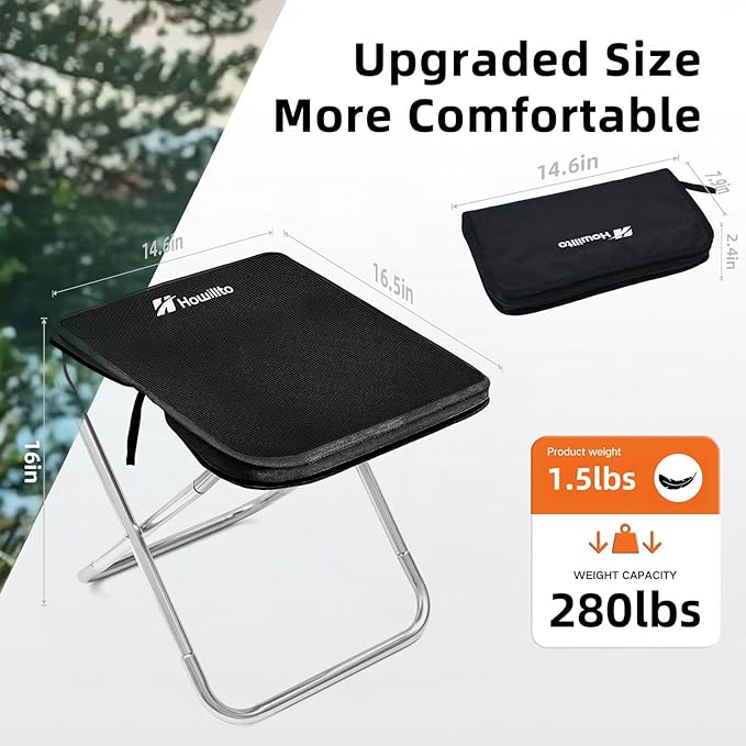 Camping Stool, 16in Tall Portable Folding Stool with Carry Bag, Upgraded Ultralight Chair with Roomy Seat for Adults, Holds 280lbs, Ideal for Hiking, Fishing, Outdoor Use, Black