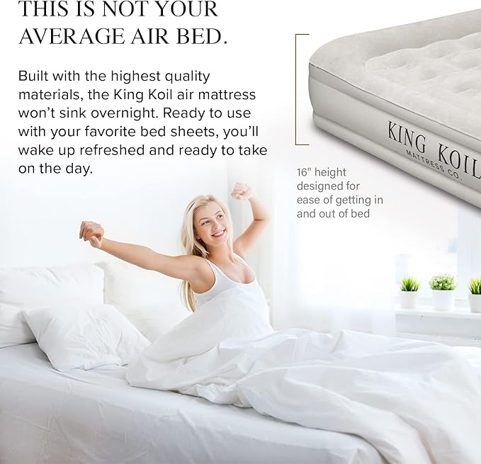 King Koil Luxury Air Mattress 16in Full Size Beige with Built-in Pump for Home, Camping & Guests-Inflatable Airbed Luxury Double High Adjustable Blow Up Mattress, Durable - Portable and Waterproof