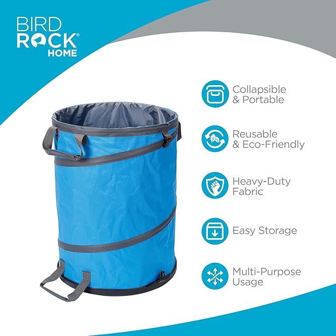 BIRDROCK HOME Collapsible Lawn and Leaf Waste Bag with Lid - 30 Gallon - Heavy Duty Reusable Camping Trash Can - Hardshell Bottom for Yard Debris, Garage Storage - Portable Garden Bin - Blue