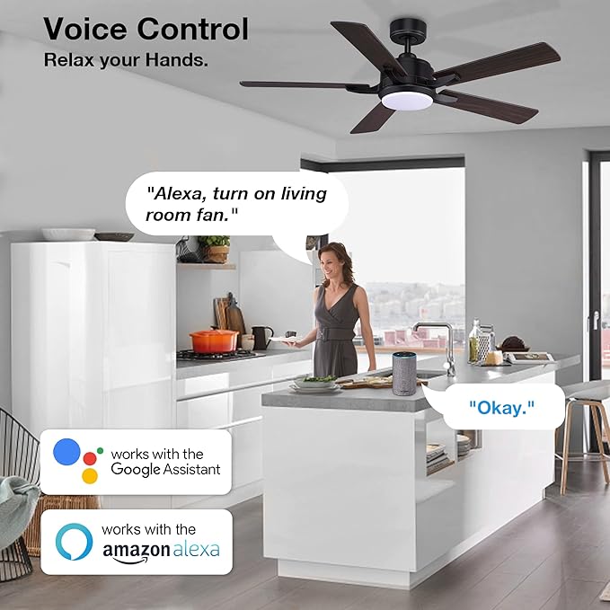 cumilo 52” Smart Ceiling Fanswith Lights Remote Control,Quiet DC Motor,Outdoor Indoor Modern Farmhouse Ceiling Fan work with Alexa App,Dimmable LED Light,Black/Brown for Bedroom Living Room Patio