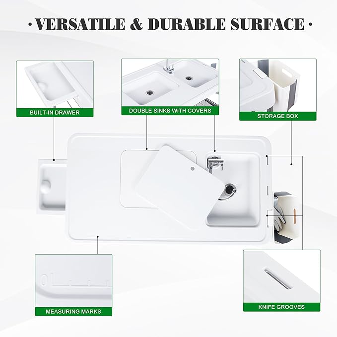Allpop Fish Cleaning Table with 2 Sinks & Grid Rack, 42.5'' Portable Folding Camping Fish Station with Foldable Faucet, Drainage Hose, Sprayer, Storage Box, Drawer & Grooves for Picnic, White