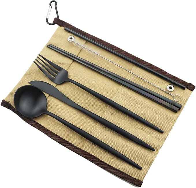 Gugrida Reusable Travel Utensils, 7 Piece Portable 304 Stainless Steel including Knife Fork Spoon Chopsticks Cleaning Brush Straws Portable Pouch, Eco-friendly Camping Silverware Set, Dishwasher Safe