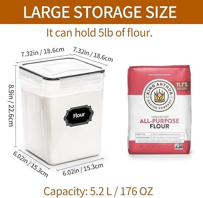 4 Pack Large Airtight Food Storage Containers with Lids (5.2L / 176oz), BPA Free Plastic Kitchen and Pantry Organization Contianers for Cereal Flour and Sugar Storage, Labels & Marker