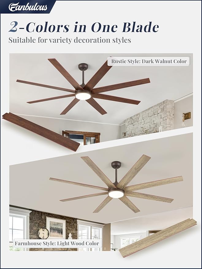 65 Inch Ceiling Fans with Lights and Remote, Walnut Indoor/Outdoor Ceiling Fan with Quiet Reversible DC Motor, 6 Speeds, 3CCT, 8 Blades Large Ceiling Fan for Living Room Bedroom Patio