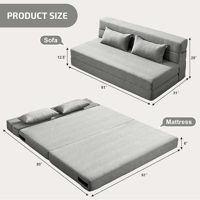 Folding Sofa Bed with Pillows- Convertible Chair Floor Couch & Sleeping Mattress, Foldable Memory Foam Sleeper for Living Room/Dorm/Guest Room/Home Office/Apartment/Loft, Queen, Light Gray