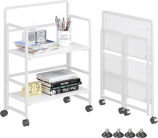 4NM 2 Tiers No-Assembly Folding Bookshelf with Wheels, Portable Rolling Storage Foldable Bookcase & Compact Side Table for Living Room, Bedroom, Kitchen, Bathroom (All White)